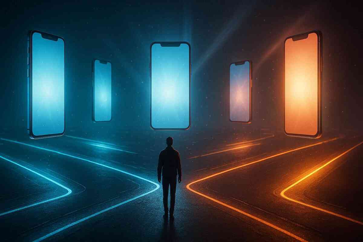 Man standing at crossroads facing giant glowing smartphones—emotional decision moment, future-defining smartphone choice, dramatic destiny path