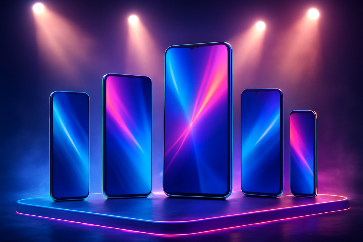 Neon smartphones on stage glowing under spotlights—flagship lineup showdown, emotional product reveal, thrilling stage performance