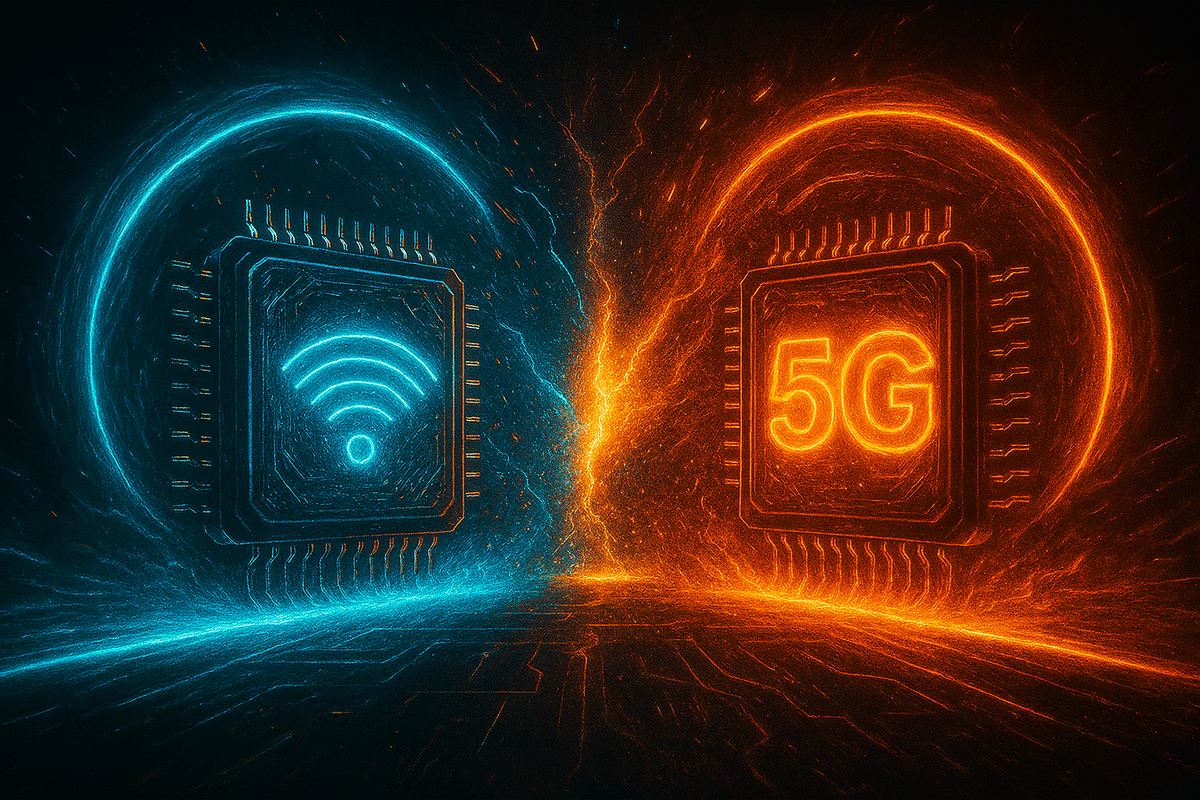 Wi-Fi vs 5G glowing chips colliding in fiery neon—epic network battle, emotional clash of speed, raw futuristic power surge