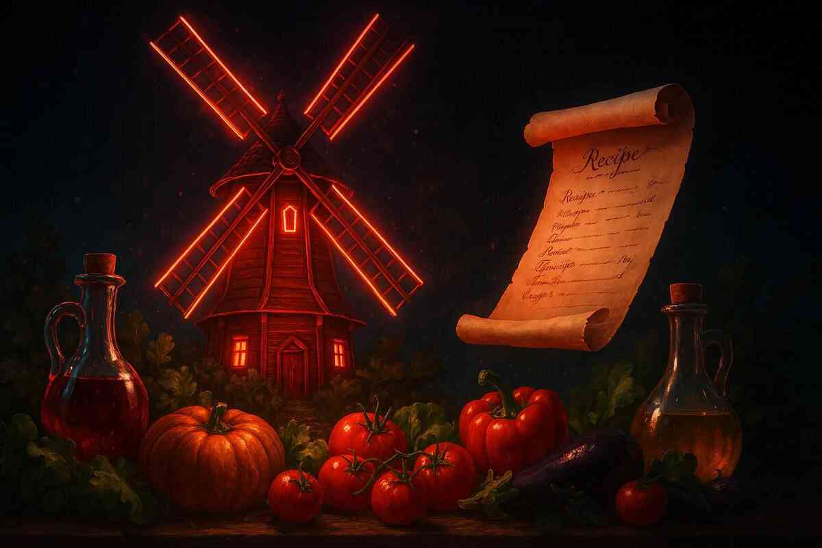Fiery windmill with glowing recipe scroll and fresh vegetables—mystical crafting scene, magical cooking vibes, enchanting gateway to pickle alchemy