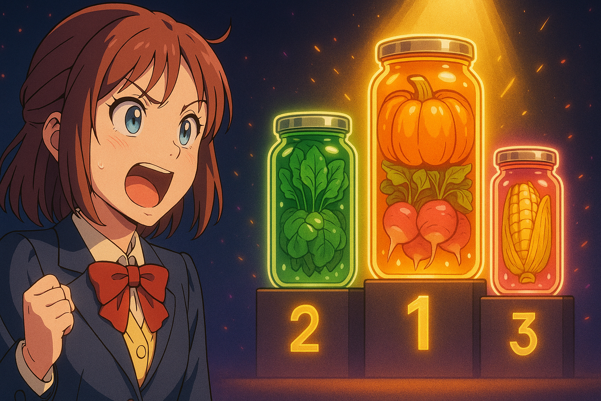 Anime girl cheering with glowing pickle jars on a ranking podium—pumpkin pickle crowned champion, vibrant victory energy, thrilling top 3 vegetable profits