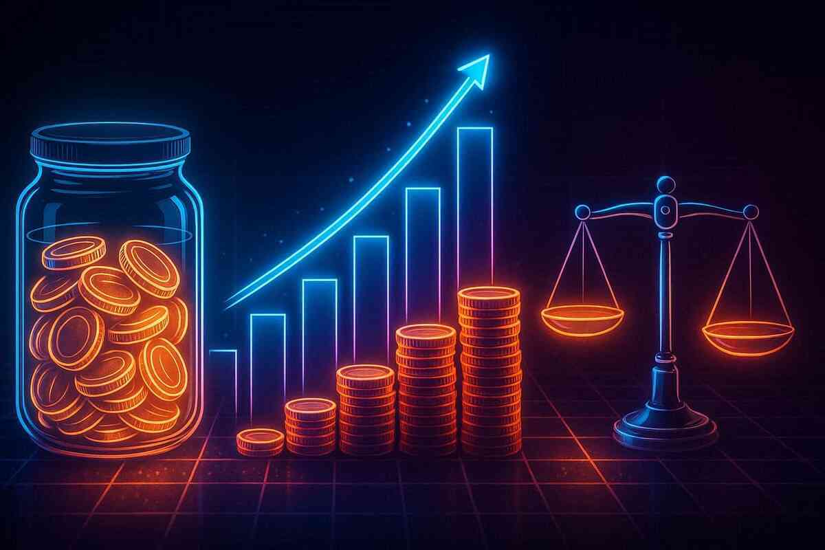 Neon jar of coins, rising profit chart, and glowing balance scale—intense financial energy, fair trade justice, electrifying visualization of pickle economy growth