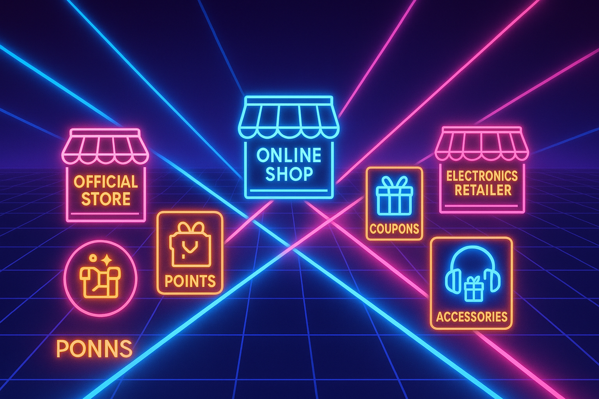 Futuristic neon online shop icons—official store, coupons, retailer, accessories—electric comparison vibe, hunting perks, thrilling choice overload