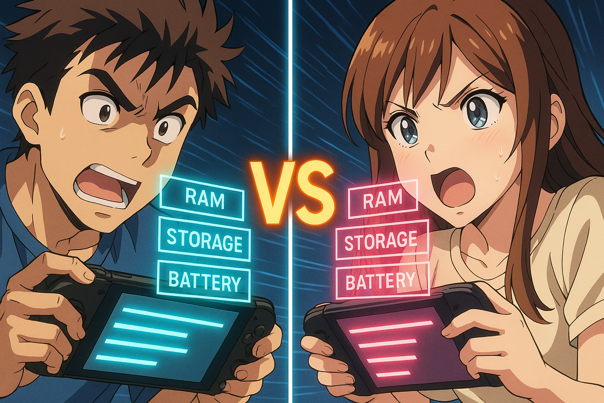 Anime-style showdown—two gamers shouting in heated battle, RAM vs storage vs battery stats glowing—explosive tension of ROG Ally X vs standard clash