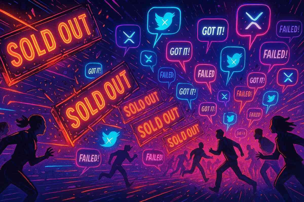 Chaotic digital storm—SOLD OUT neon boards colliding with “Got it!” and “Failed!” SNS bubbles—desperate energy of preorder frenzy and social buzz