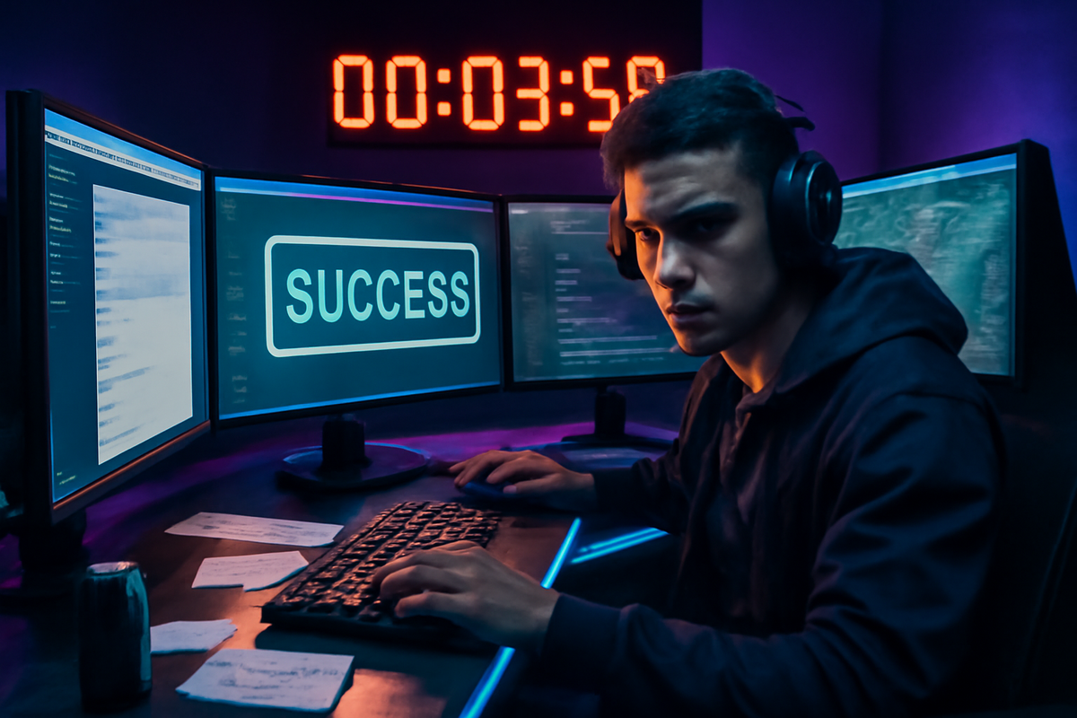 Focused gamer at triple monitors, SUCCESS flashing in neon countdown—intense midnight adrenaline, stealth tactics, triumphant preorder conquest