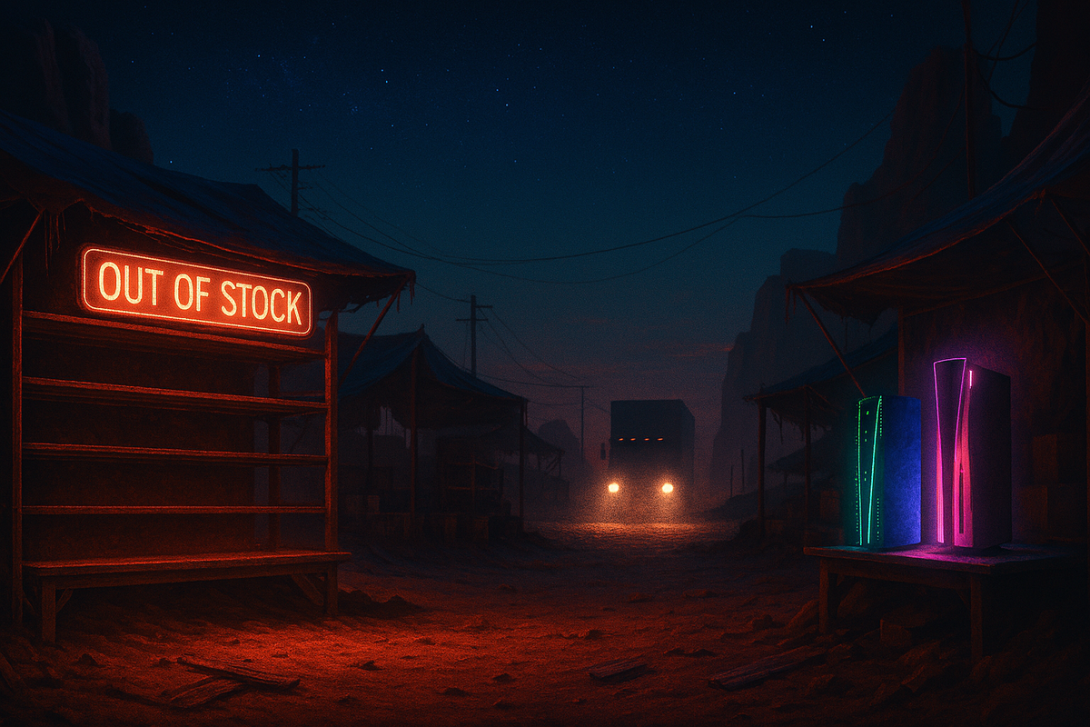 Dark neon bazaar, OUT OF STOCK sign glowing red—empty shelves, distant truck headlights, scarce consoles shining—bleak drama of supply shortage