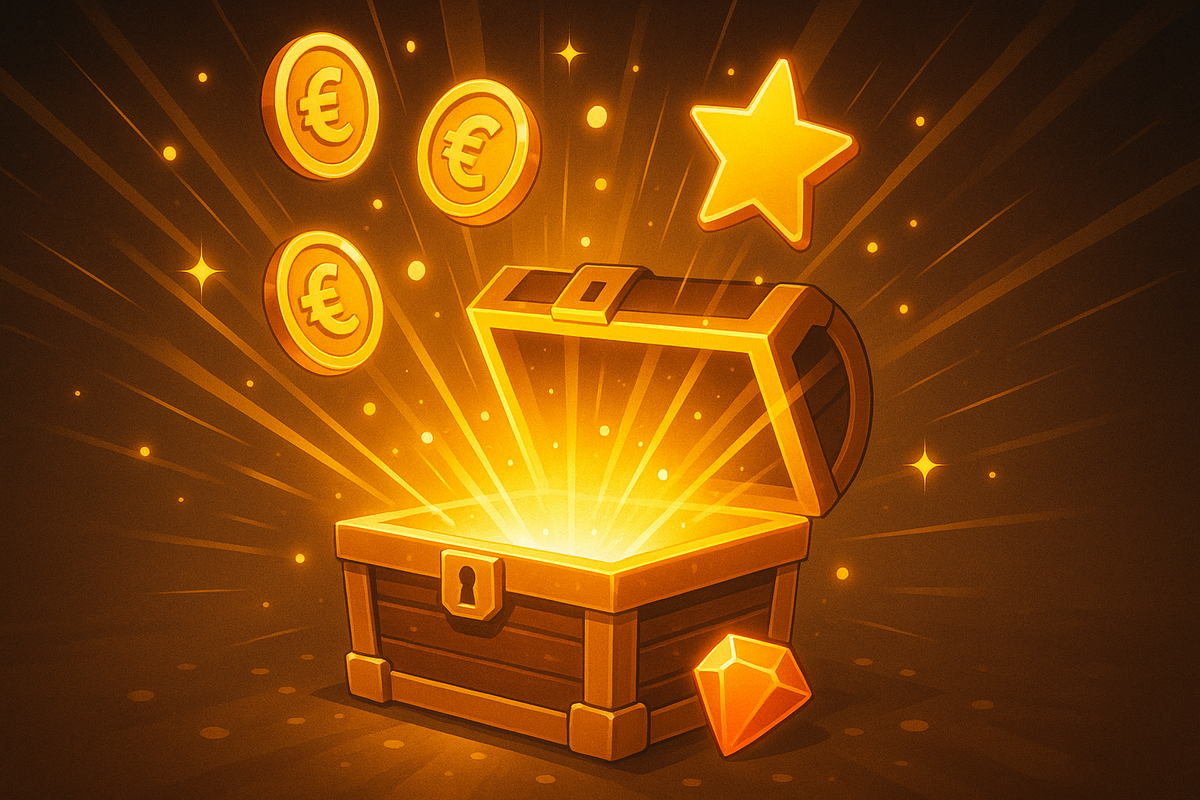 Golden treasure chest bursting with coins and gems—Amazon-exclusive perks shining, irresistible bonus rewards, joyful gamer excitement
