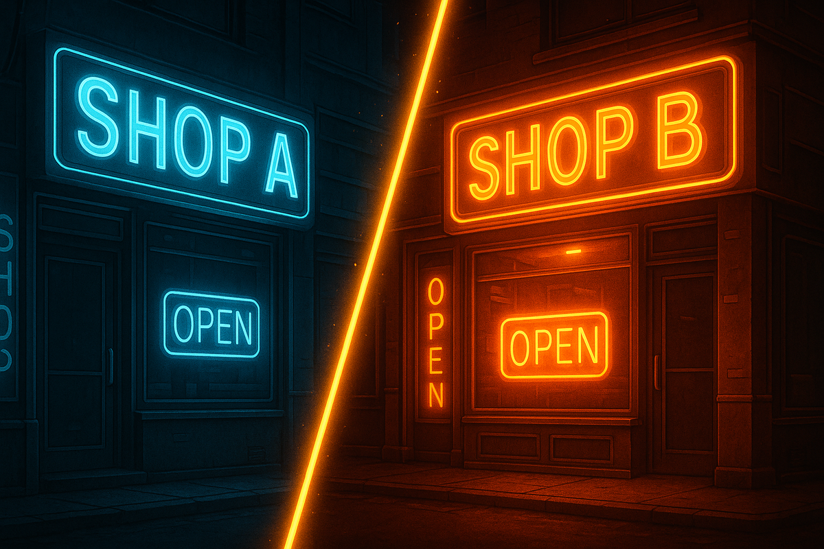 Split-screen neon shop signs A vs B—intense competition, decisive choice, glowing rivalry energy of pre-order deals