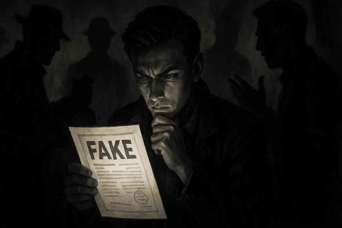 Shadowy man reading paper marked FAKE—dark suspicion, fear of scams, high-stakes tension in marketplace, urgent vigilance
