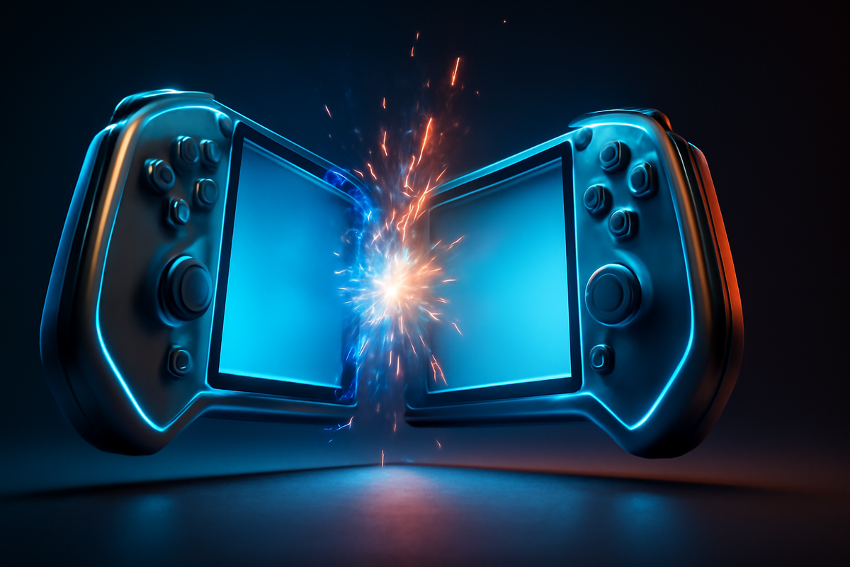 Two futuristic handheld consoles colliding with sparks—head-to-head showdown, raw energy of performance comparison, epic next-gen rivalry