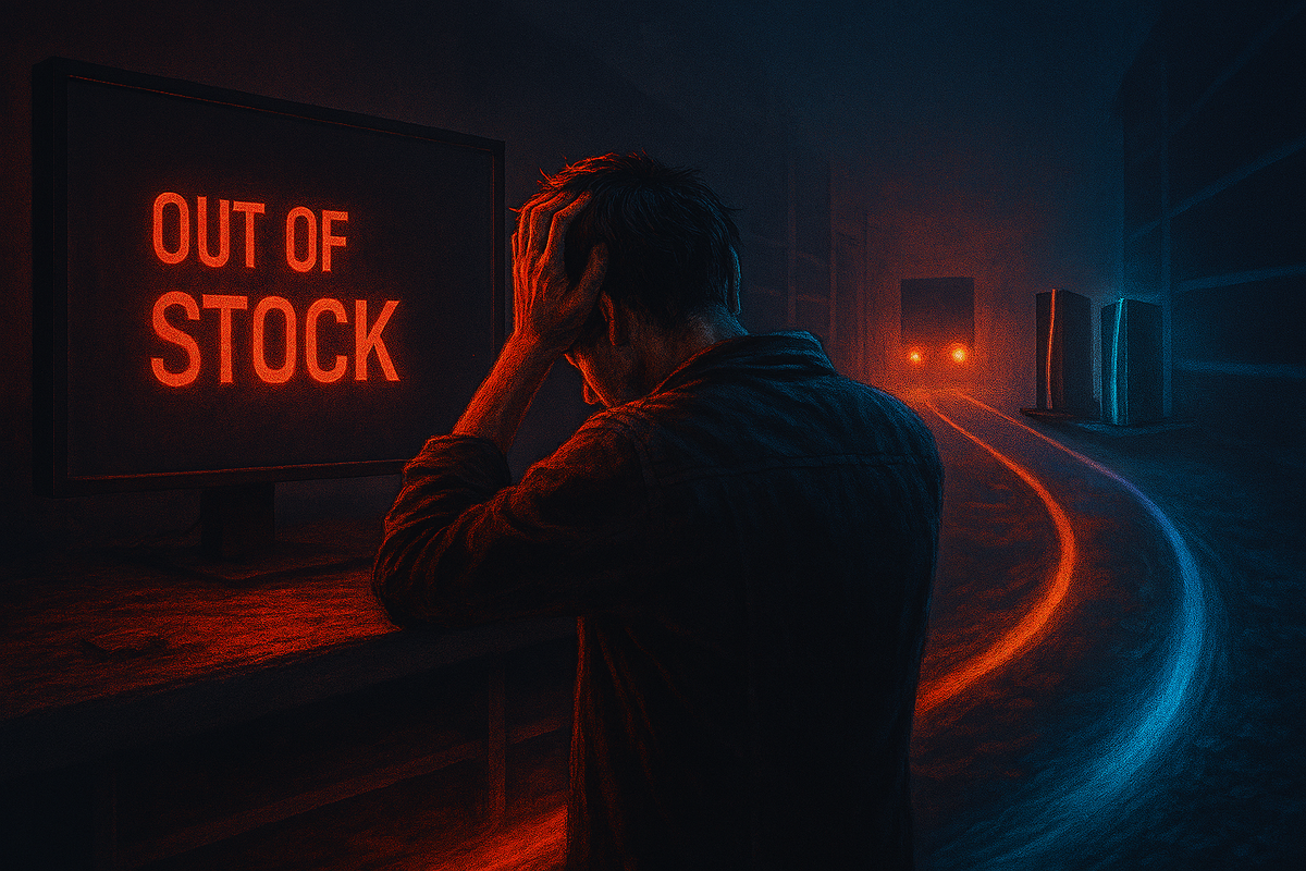 Frustrated gamer before glowing OUT OF STOCK screen—agonizing despair, crushing defeat, hopeless hunt for scarce pre-orders