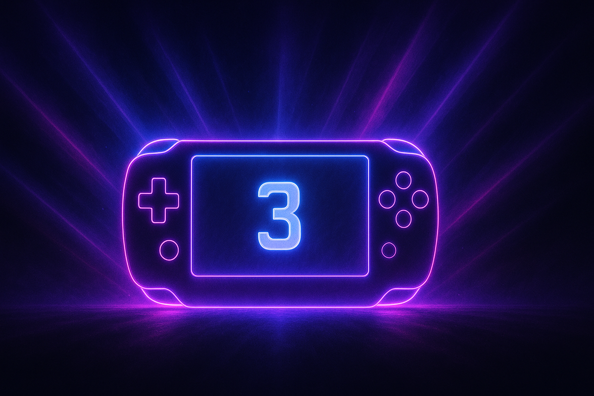Neon handheld console glowing with number 3 in electric purple light—countdown fever, launch-day thrill, gamer anticipation exploding