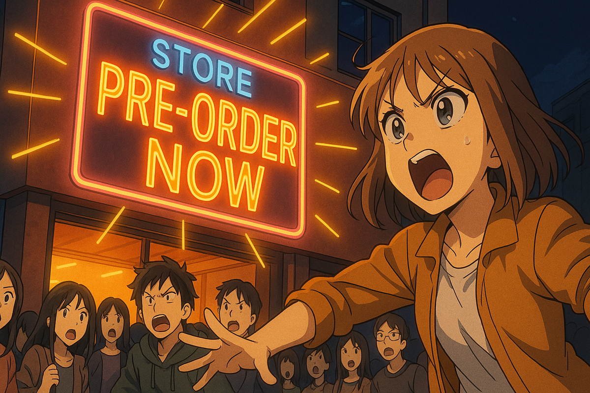 Crowd rushing under blazing PRE-ORDER NOW sign—anime-style urgency, fiery hype, raw excitement of reservation battle