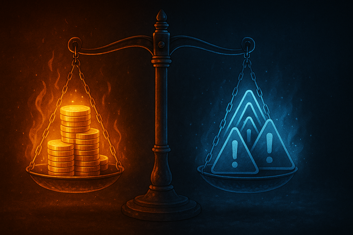 Burning golden coins versus icy blue warnings on a scale—fiery rewards, cold risks, emotional clash of pros and cons