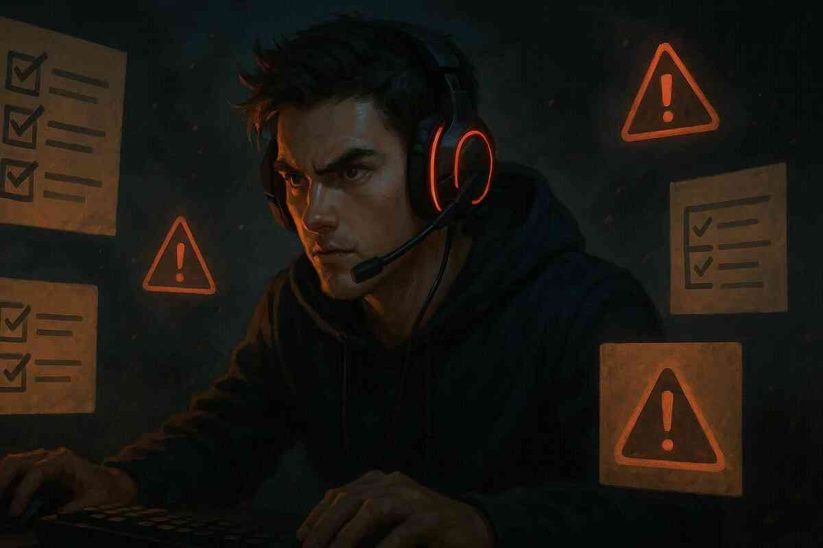 Focused gamer in glowing headset surrounded by checklists and alerts—battle-ready intensity, sharp strategy, unstoppable will to win pre-orders