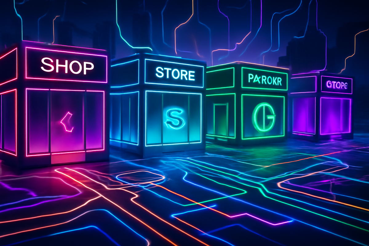 Futuristic neon shops glowing in multiple colors—electric marketplace rivalry, endless choices, hot competition for the console