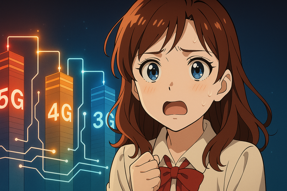 Anime girl sweating nervously in front of glowing 5G, 4G, 3G towers—fear, emotional anxiety, urgent decision about smartphone network and upgrade choice