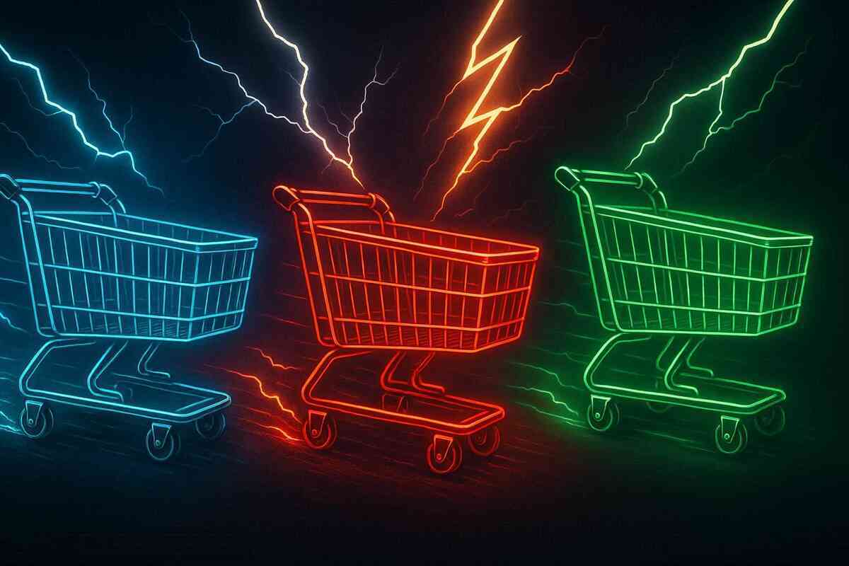 Three neon shopping carts glowing in blue, red, green under lightning bolts—fierce competition, emotional battle, electrified buying showdown energy