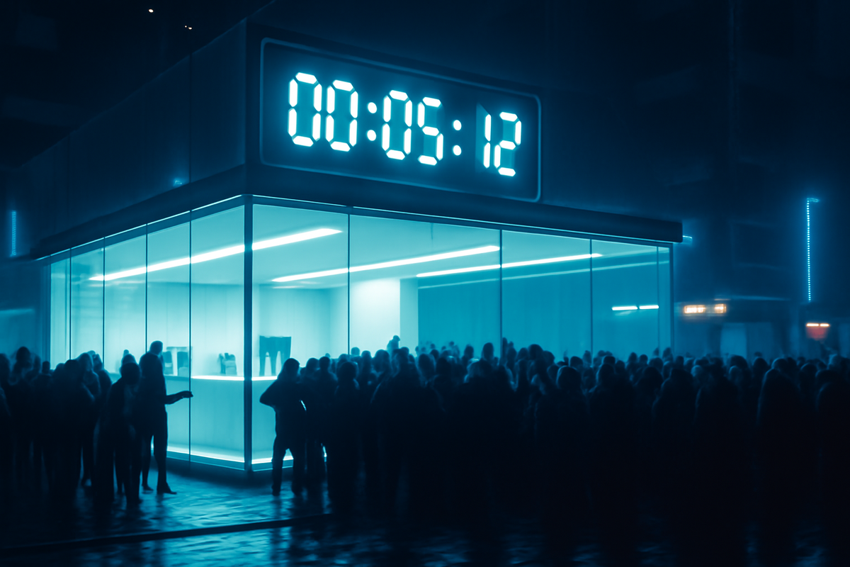Futuristic glass store glowing in neon blue with giant digital countdown clock—massive crowd waiting in suspense, electrifying tension, anticipation for release