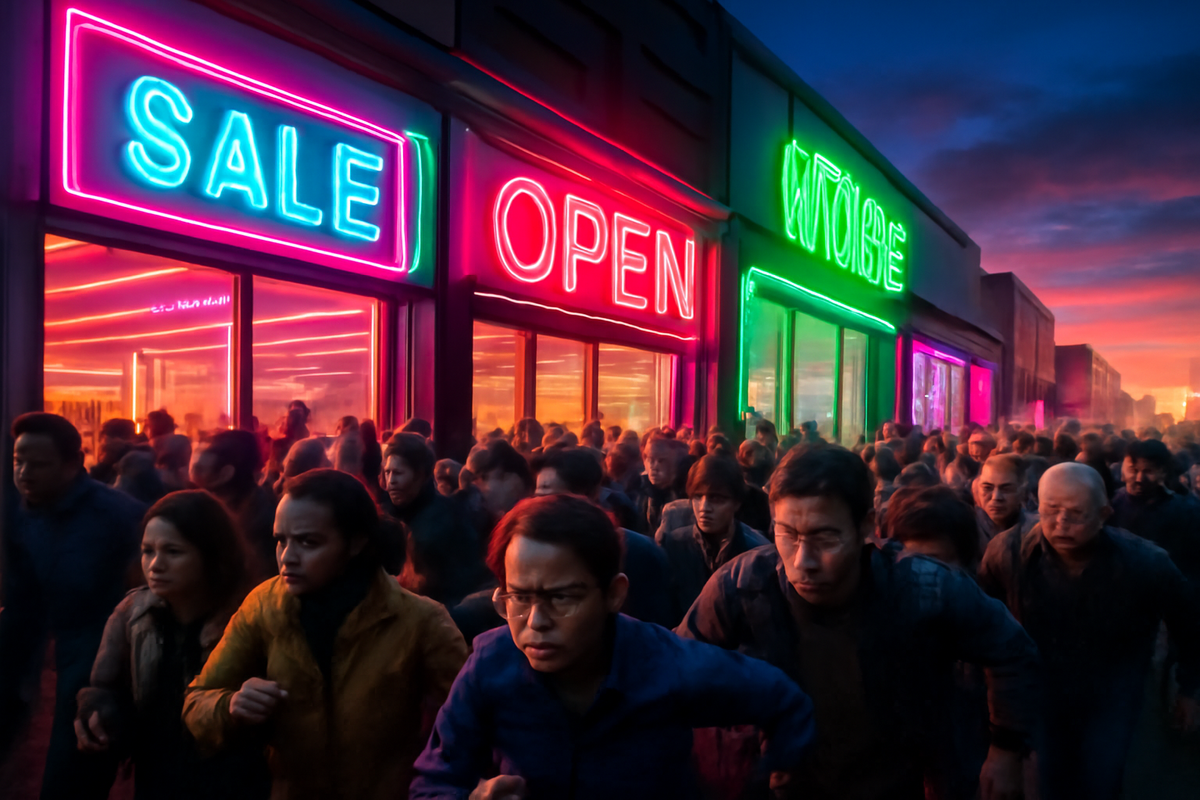 Crowds rushing frantically toward neon SALE and OPEN shopfront at sunset—chaotic shopping frenzy, emotional urgency, desperate race for limited iPhone stock