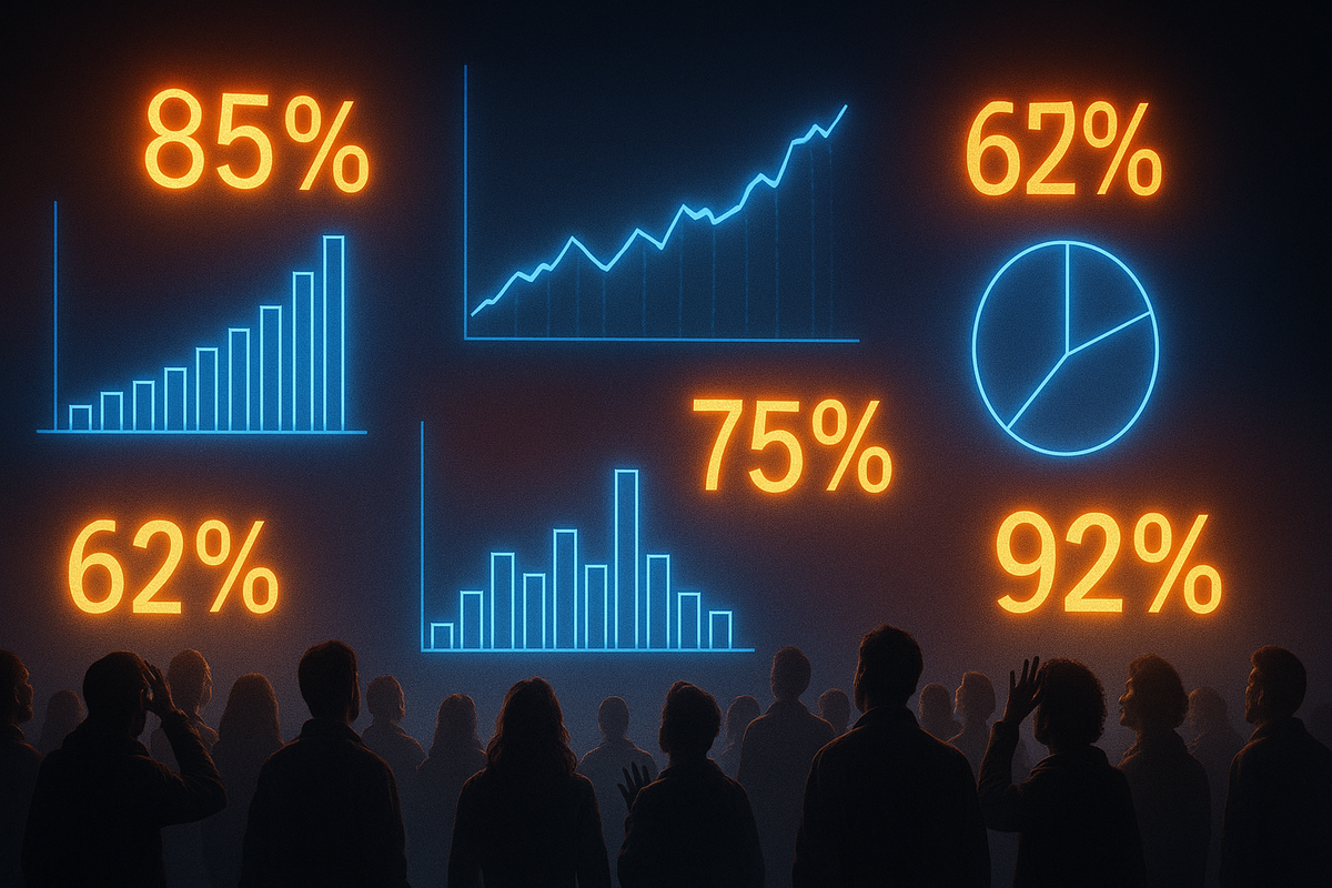 Giant glowing statistics—85%, 92%, 75% blazing in neon—hopeful crowd stares at probability charts, electrifying odds of victory in the Switch 2 hunt