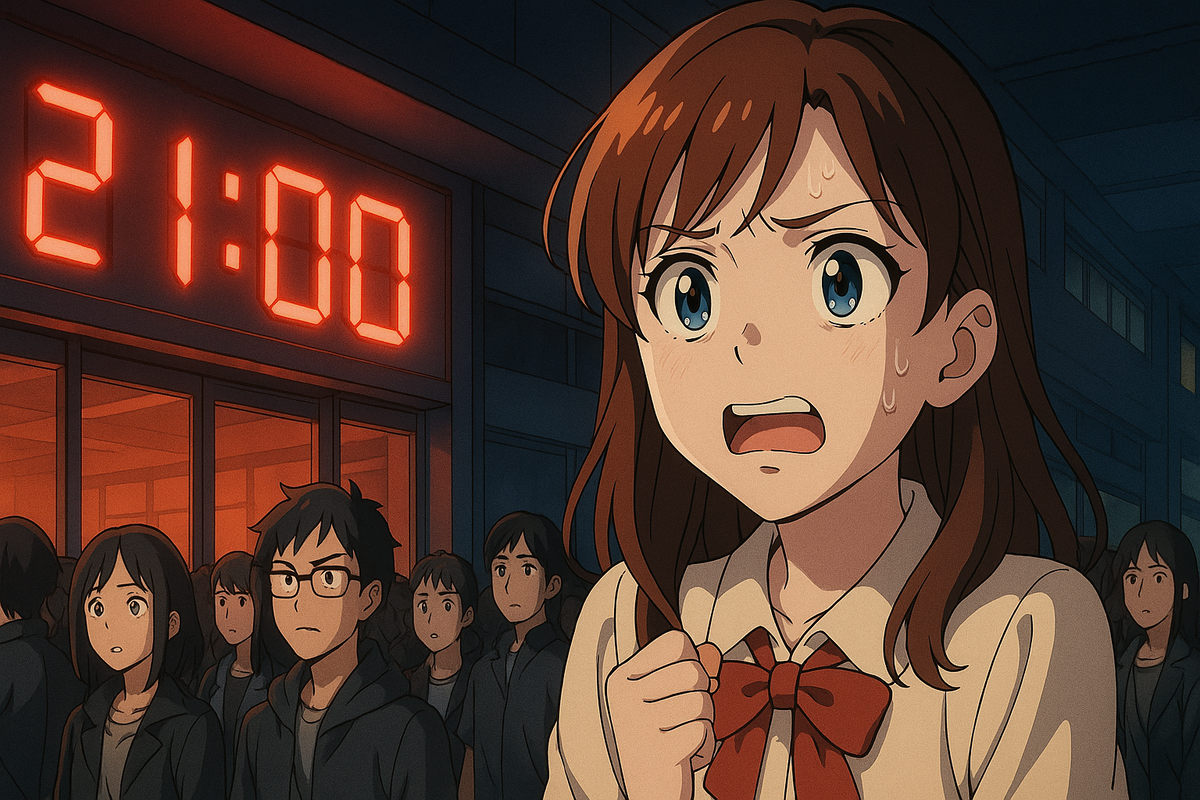 Anime girl sweating in front of glowing 21:00 clock—heart-pounding tension, last-minute panic, emotional countdown to Switch 2 drop