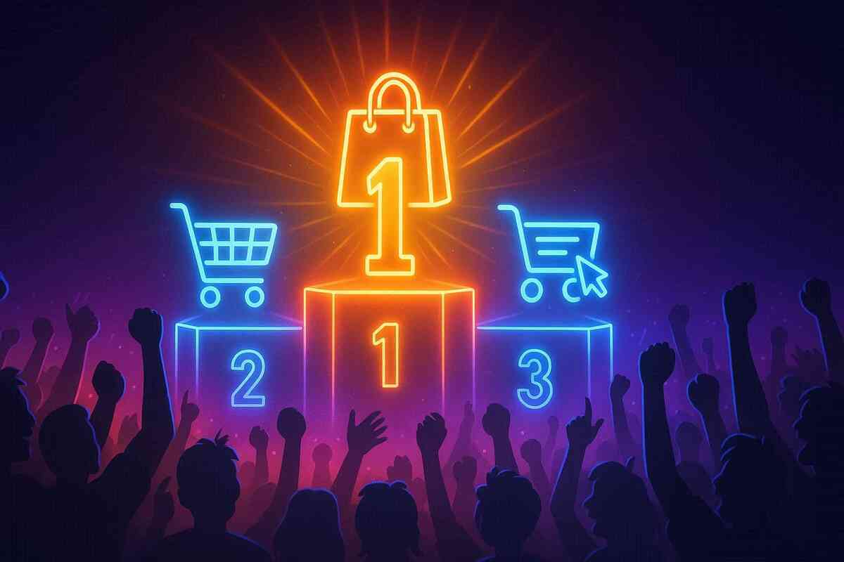 Neon podium glowing—shopping bag crowned number one, shopping carts trailing—crowd cheering, triumphant victory of fast buyers in survival sales war