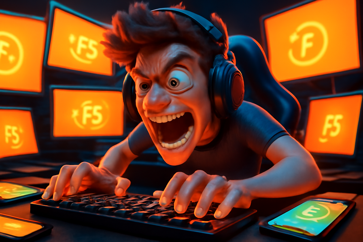 Gamer screaming at screens, F5 icons blazing—furious energy, adrenaline overload, raw emotional madness of rapid-fire reload survival