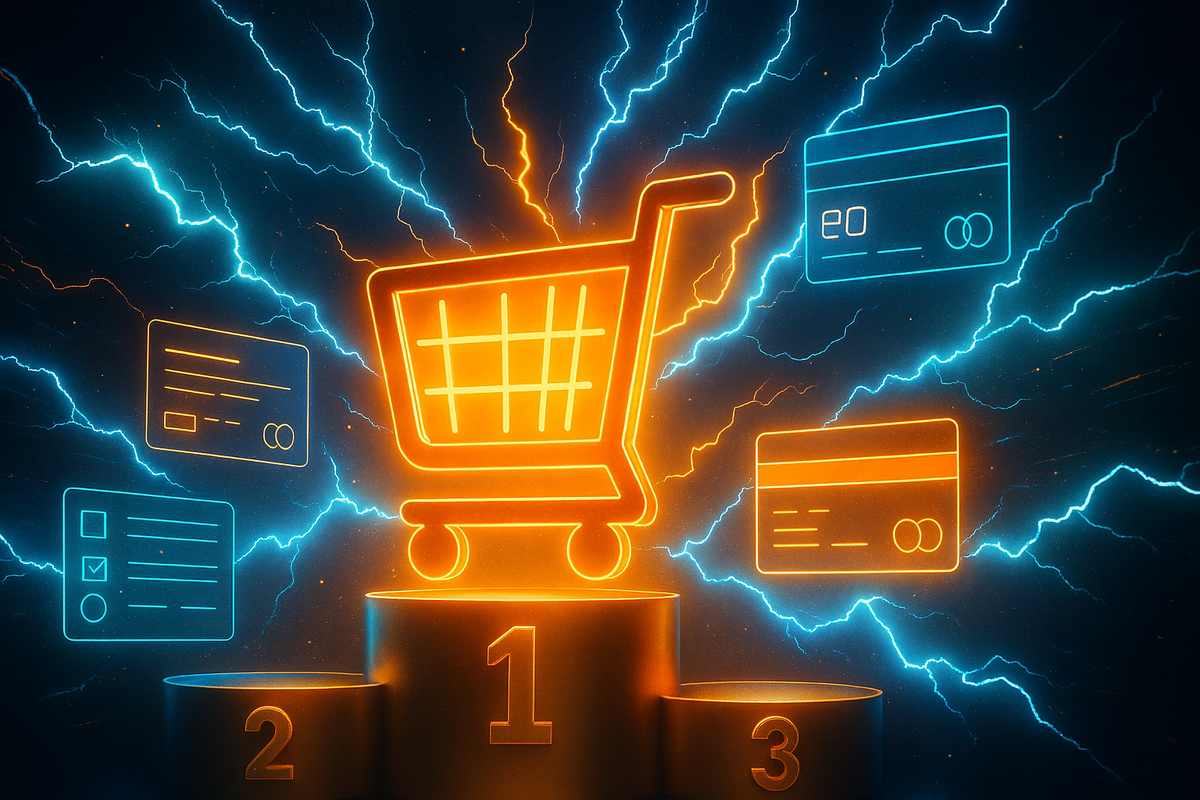Glowing shopping cart on lightning-charged podium—credit cards orbiting, neon electricity cracking—unstoppable rush of power, decisive purchase glory