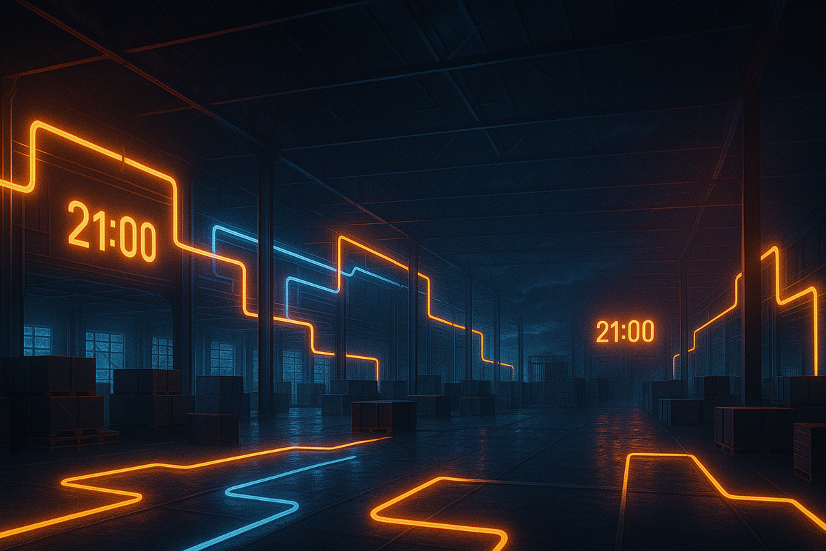 Dark warehouse lit with glowing neon 21:00 signs on the walls—mysterious countdown energy, suspenseful atmosphere of Friday night stock release ritual