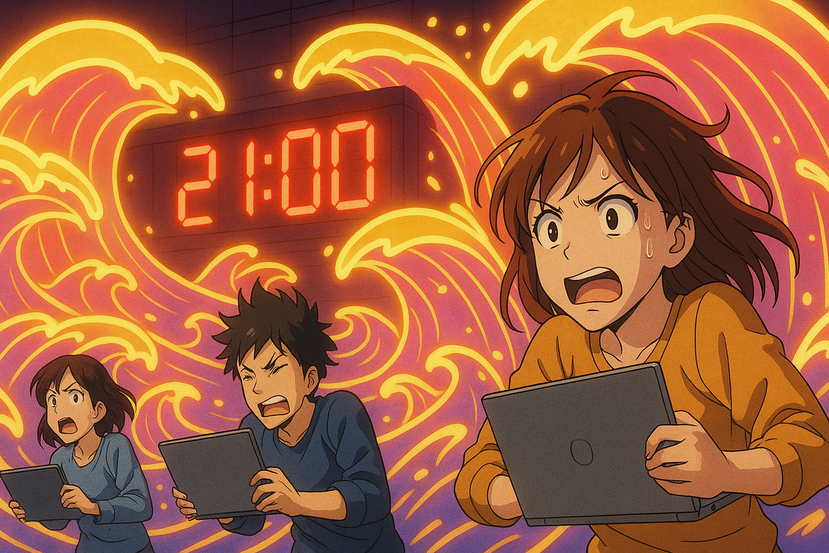 Anime-style teens racing with laptops as neon waves crash behind them—21:00 glowing clock, frantic urgency, fierce determination in the chaotic buying storm