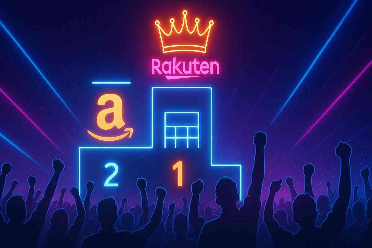 Neon podium with Rakuten crowned number one, Amazon number two—cheering crowd silhouettes, victorious energy, Friday night triumph of surprise flash sales