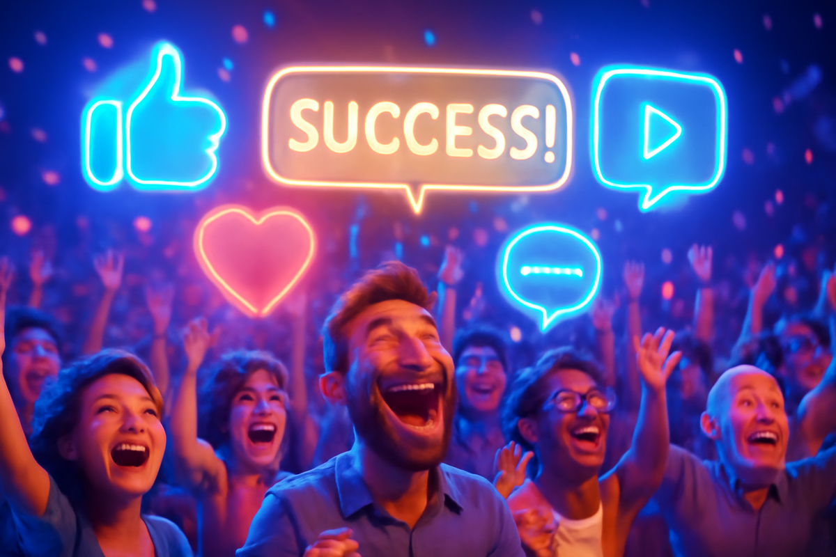 Smiling crowd under neon icons—SUCCESS, like, heart, play button glowing above—pure joy, euphoric cheers, electric celebration of winning the buying battle