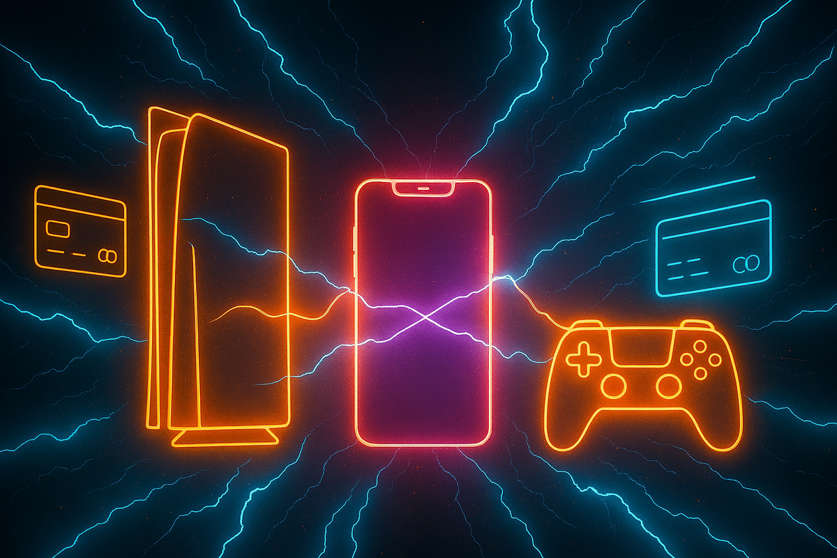 Neon PS5, iPhone, and game controller connected by electric lightning—credit cards glowing on both sides, explosive power of Friday night flash sales, ultimate tech rush