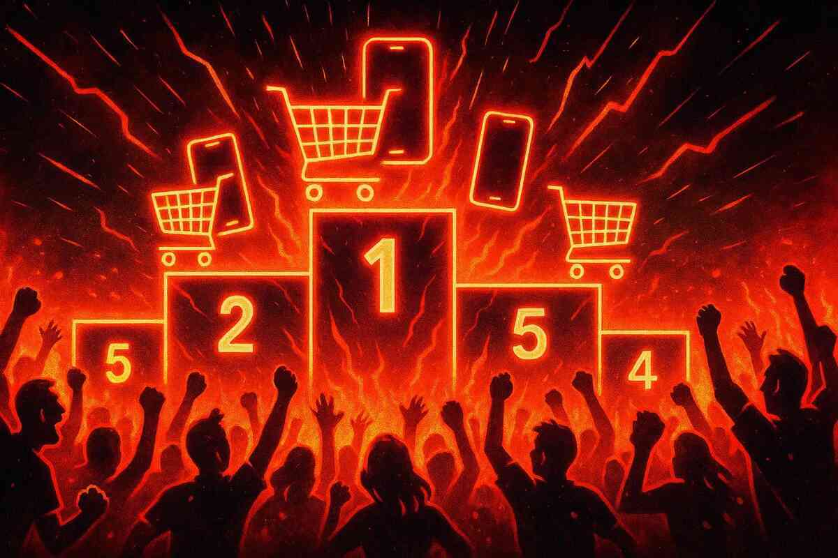 Fiery neon podium with shopping carts and phones ranked top 5—explosive ranking energy, crowd cheering for hottest iPhone 17 in-stock stores