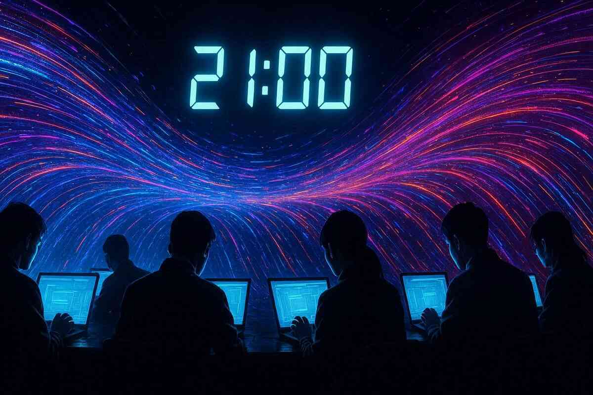 Digital storm at 21:00—silhouettes racing on laptops under neon cosmic waves—dramatic countdown to iPhone 17 stock revival