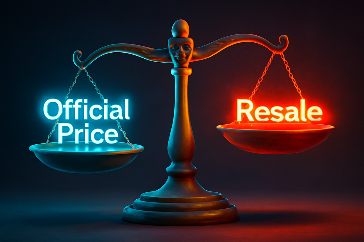 Golden scale glowing blue Official Price vs red Resale—emotional tug-of-war between fair purchase and painful scalper markup