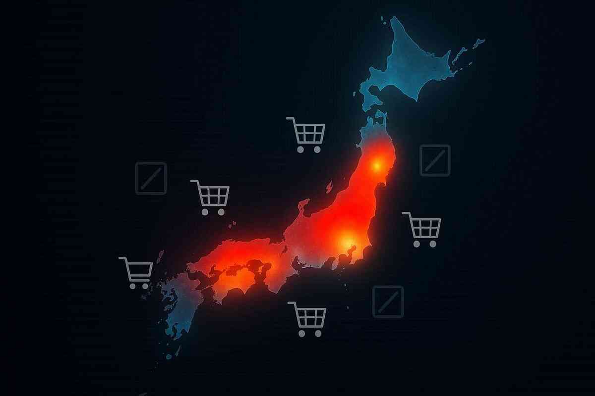Japan glowing heatmap with fading shopping carts—nationwide stock drought, hotspots burning red, tense night-ops vibe, urgent discovery mood