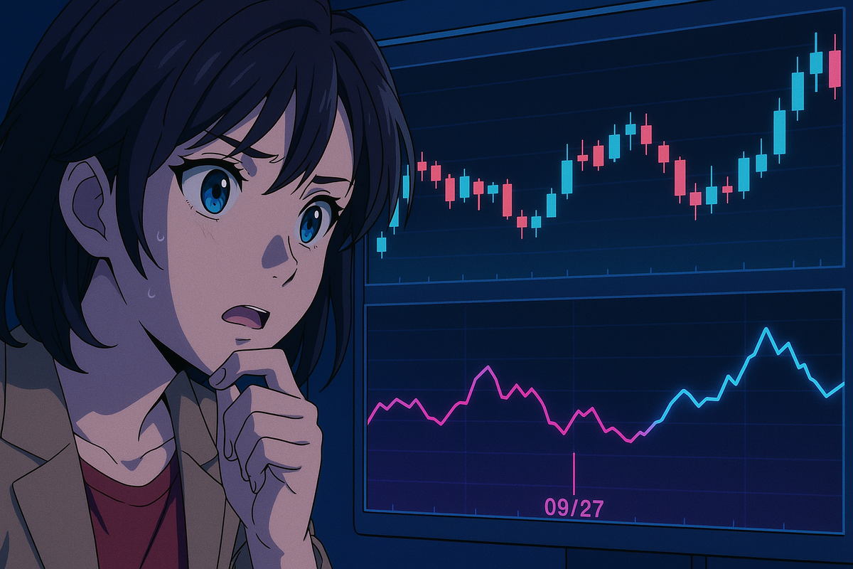 Worried analyst at a glowing dashboard—09/27 timeline, jagged stock graphs and candlesticks—nervous anticipation, real-time volatility, pulse-racing tension