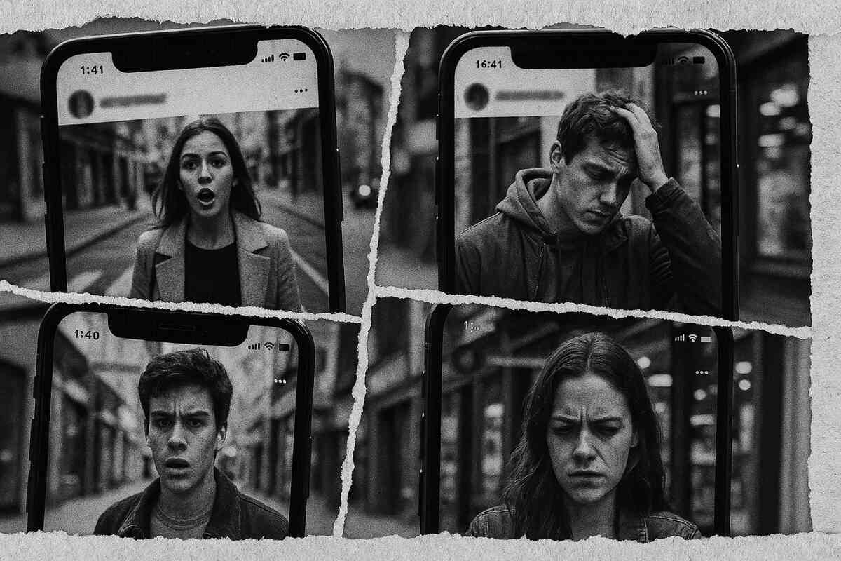 Torn-paper collage of smartphone screens—shock, disbelief, quiet anger on real faces—street-level whispers, raw human reactions, authentic social proof