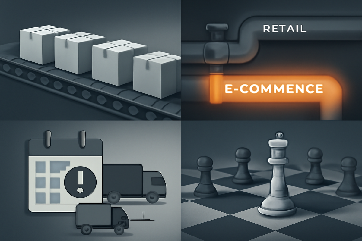 Four-panel hypothesis visual—paused boxes on a conveyor, retail-to-EC pipe glowing, calendar-and-truck delay, chessboard strategy—calm logic, strategic suspense