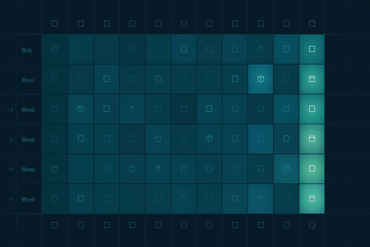 Eight-week calendar heatmap—weekend columns blazing brighter—pattern awakening, subtle signals, data-driven clarity with hopeful weekend surge energy