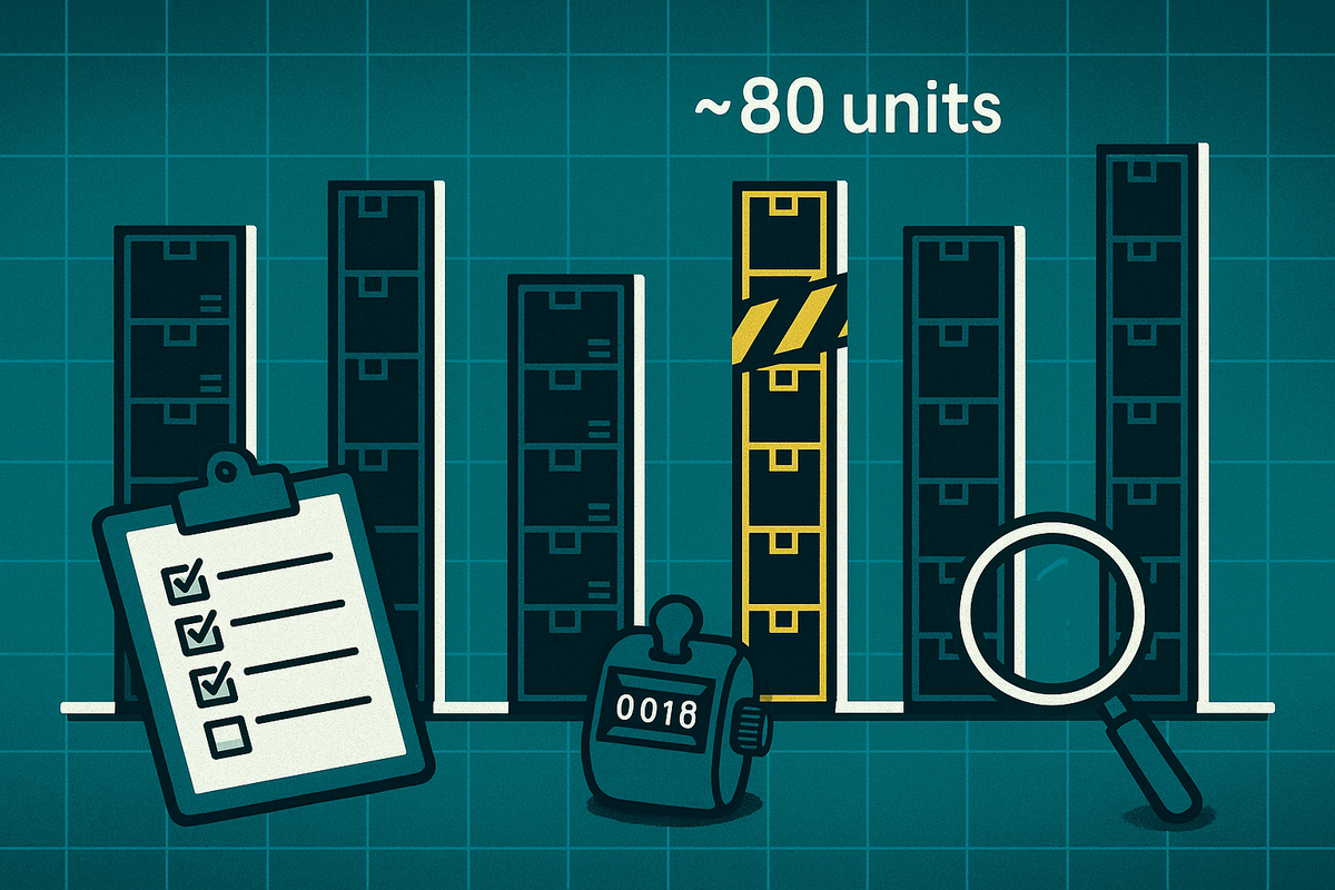 Teal audit graphic with warehouse bars and a highlighted “~80 units” column—clipboard, tally counter, magnifying glass—data-backed estimate, scarcity tension, investigative clarity