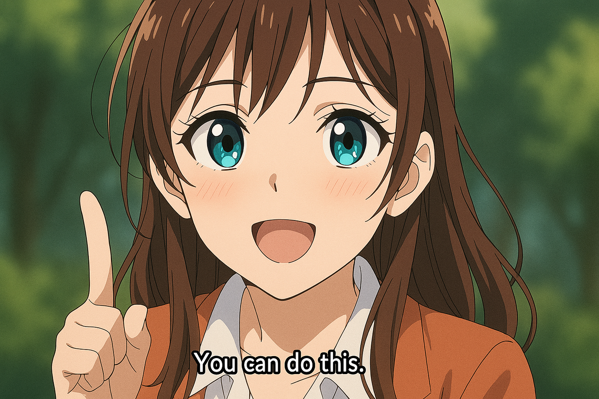Cheerful guide character pointing up with bright eyes—subtitle “You can do this.”—hopeful coaching vibe for step-by-step buying success, friendly confidence, encouraging warmth