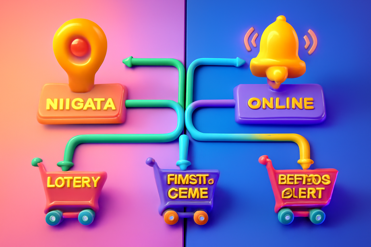Split-screen route matrix—Niigata store vs online paths—map pin, ringing alert bell, carts for lottery / first-come / restock—decisive choose-your-path moment, playful yet tactical energy
