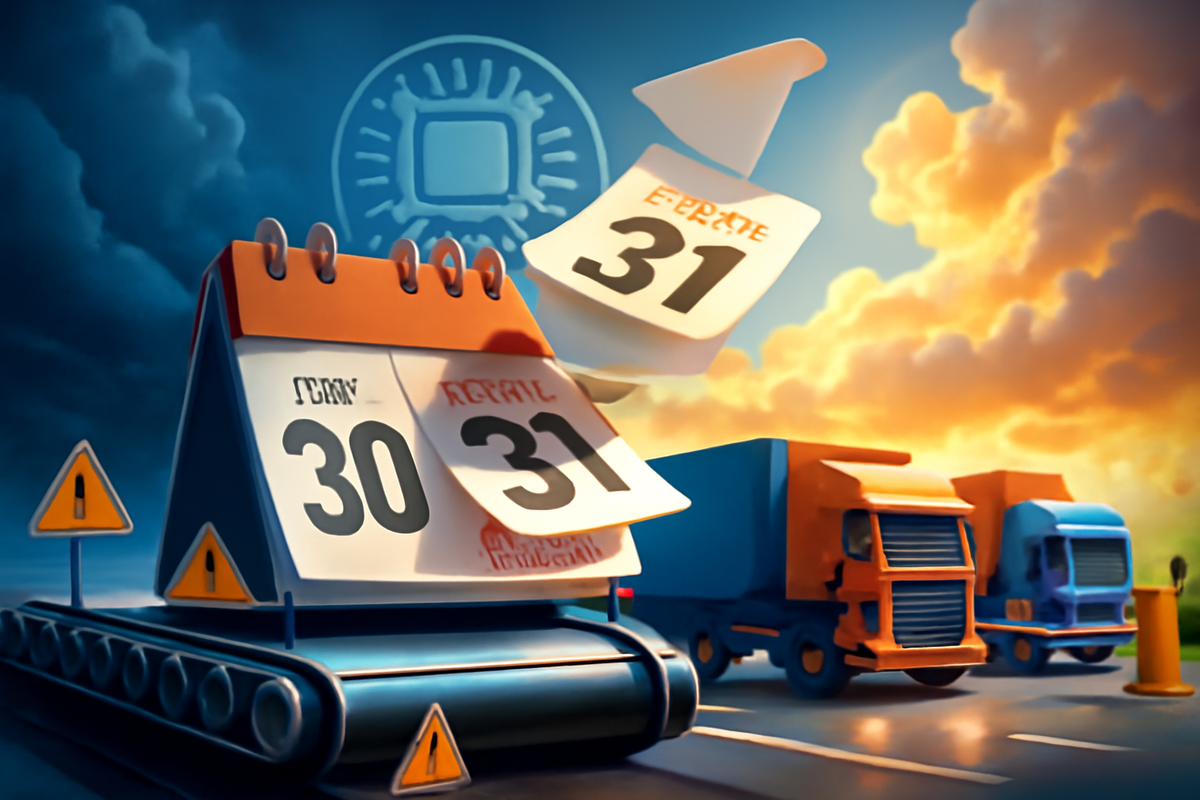 Supply-chain explainer—calendar pages flipping toward weekend/month-end, convoy trucks paused, faint chip icon in the sky—storm-and-sun mood, timing hypothesis, cautious optimism