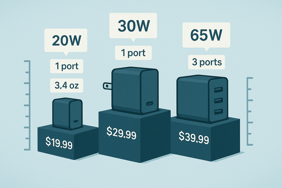 Charger lineup on a podium—20W mini, 30W compact, 65W triple-port—price, ports, and weight floating as neat badges—decisive comparison, calm studio vibe, confidence to choose