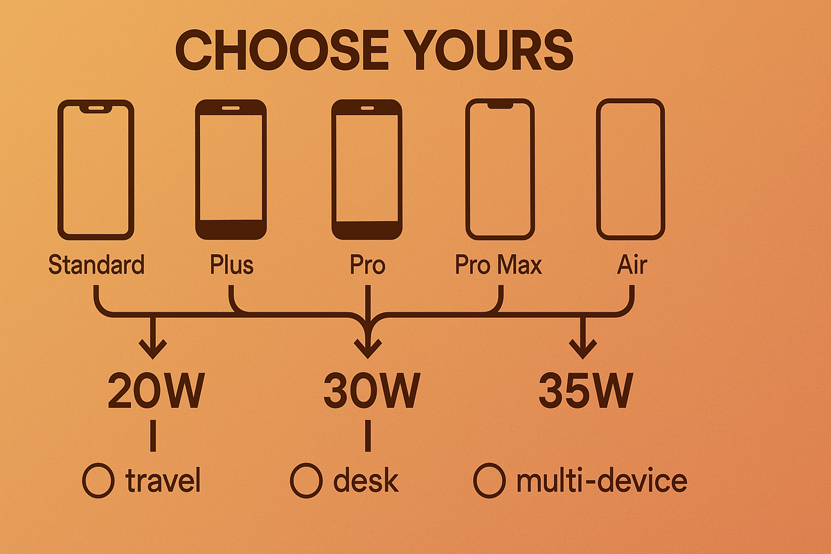 Model-based picker—Standard / Plus / Pro / Pro Max / Air mapped to 20W / 30W / 35W—travel, desk, multi-device icons—warm gradient, friendly guidance, empowering clarity