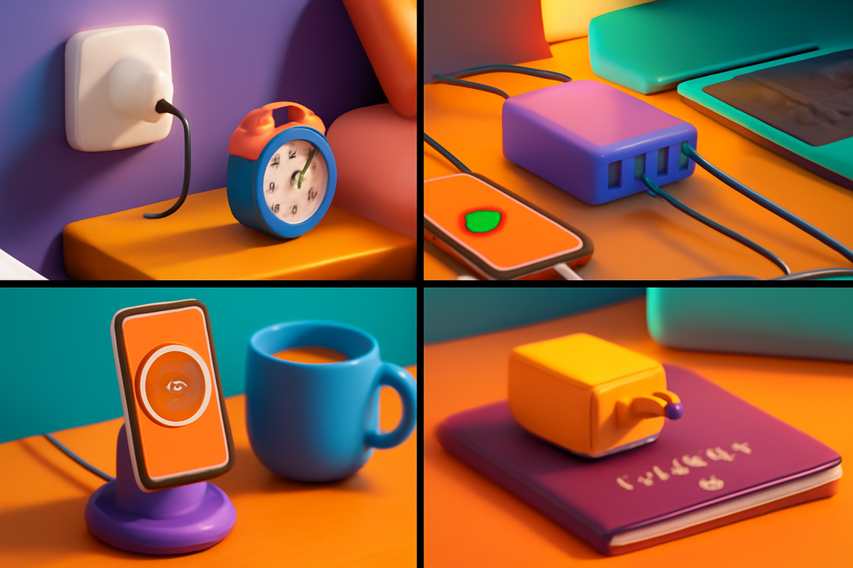 Lifestyle collage—single-port nightstand setup, multi-port desk hub, magnetic 15W stand with coffee, foldable travel plug on a notebook—cozy color pop, joyful everyday practicality